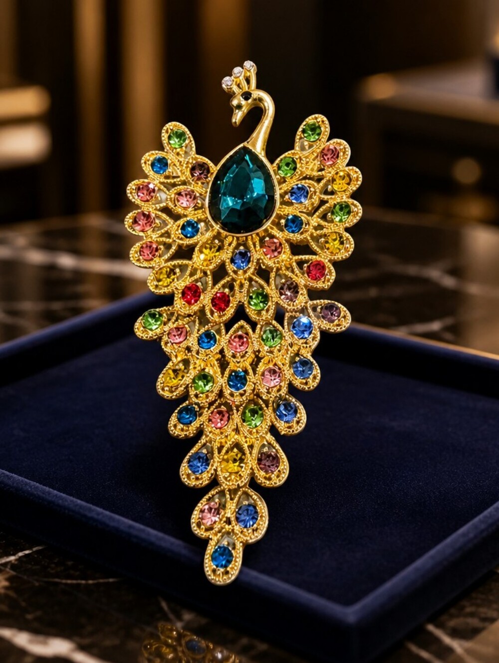 Gold-Tone Multicolor Peacock Brooch - Elegant Women Jewelry
